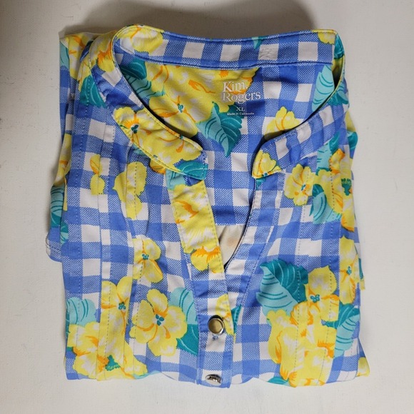 Kim Rogers Retro Floral Button Blouse Womens XL Gingham Cottagecore Coastal‎ - Picture 7 of 8